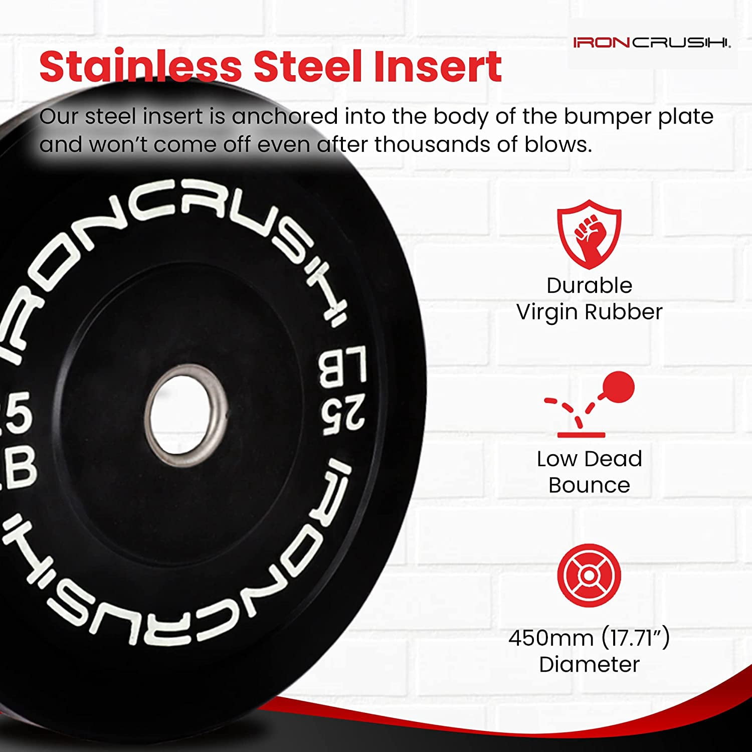 Iron Crush Olympic Bumper Plates Set - Virgin Rubber Weights for Strength Training - Stainless Steel Inserts, Fits 2" Barbells - Low, Dead Bounce for Safety - 10lb to 45lb - Sold in Pairs