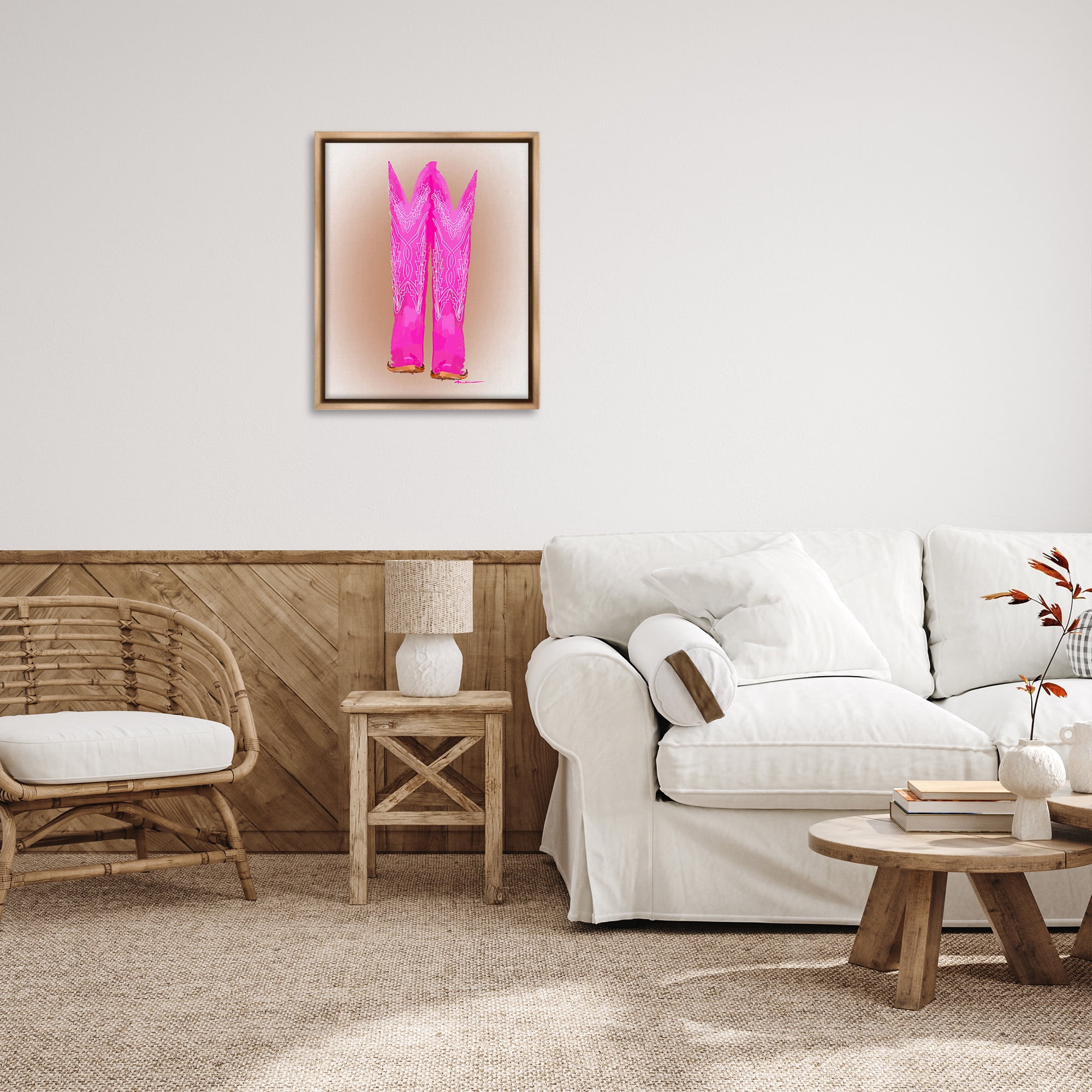 Stupell Industries Vivid Pink Cowgirl Boots Beauty & Fashion Painting Brown Floater Framed Canvas Art Print Wall Art, 25 x 31