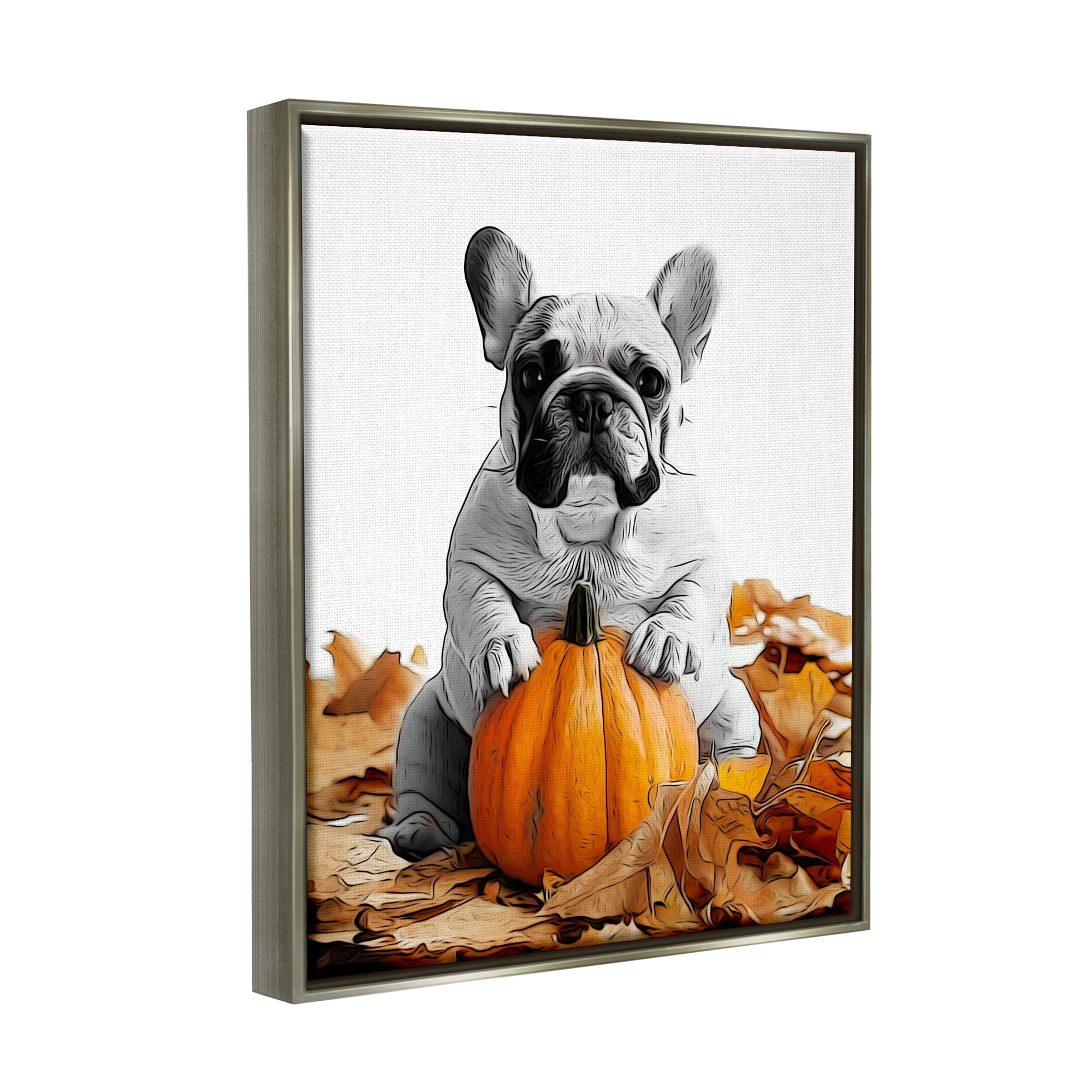 Stupell Industries Puppy with Fall Pumpkin Holiday Painting Gray Floater Framed Canvas Art Print Wall Art, 17 x 21