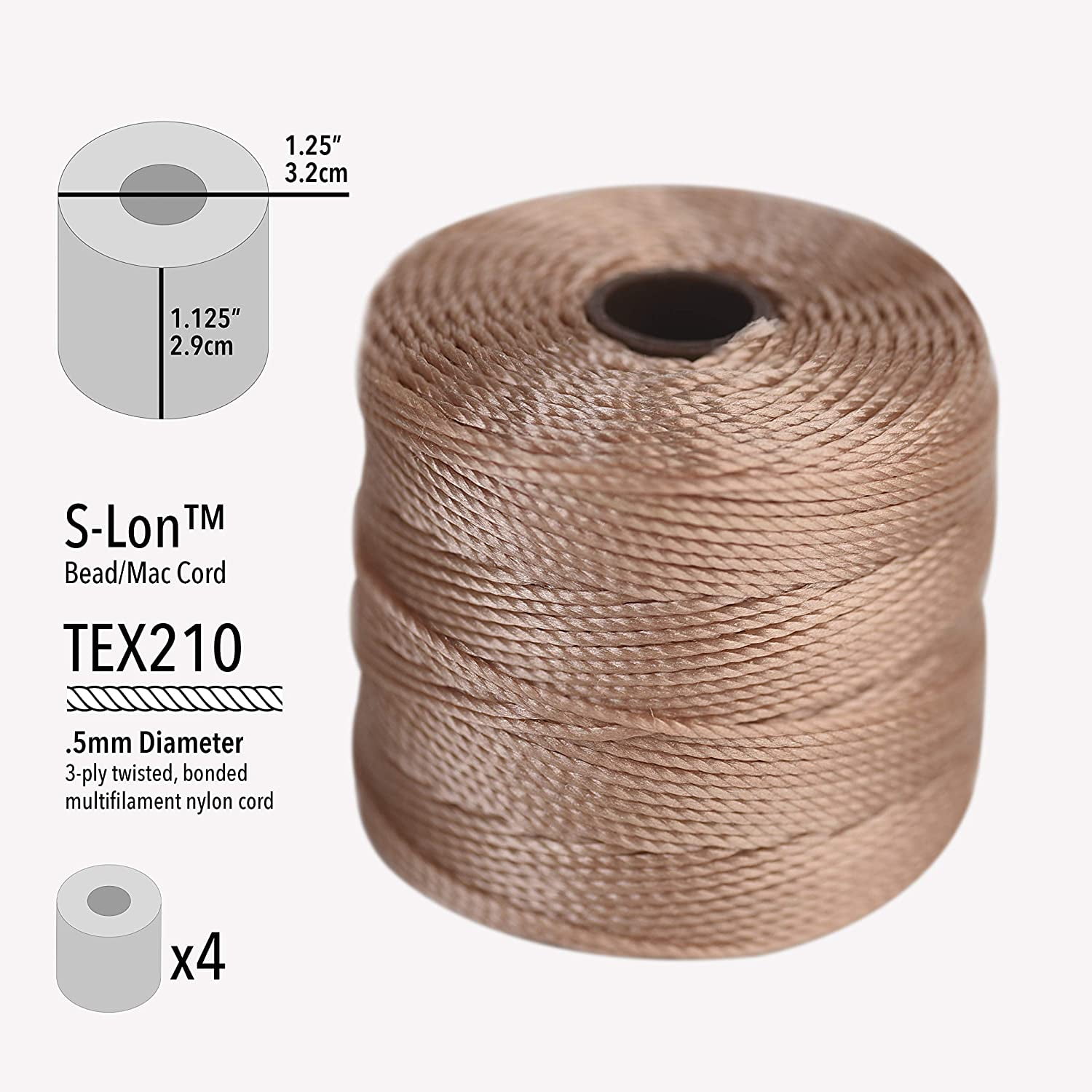 The Beadsmith S-Lon Bead Cord – .5 mm Nylon Cord, 4-pack, Warm Neutrals Mix, TEX210, 77 Yards