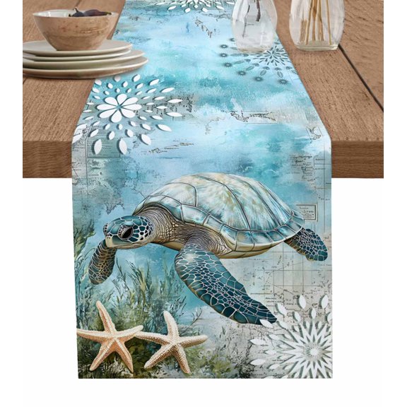 Ldtrchee Sea Turtle Coastal Table Runner 48 Inches, Summer Beach Teal Coral Starfish Bed Runner Dresser Scarves Tabletop for Indoor Outdoor Parties/Ceremony/Banquet, 13" x 48"