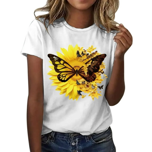 Women's T-Shirts Fashionable Sunflower Printed Short Sleeved Round Neck Sports Casual Tee for Everyday Wear