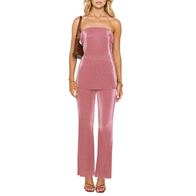 Faithtur Women’s 2 Piece Summer Outfits, Strapless Back Cutout Tube Tops + Wide Leg Pants Set