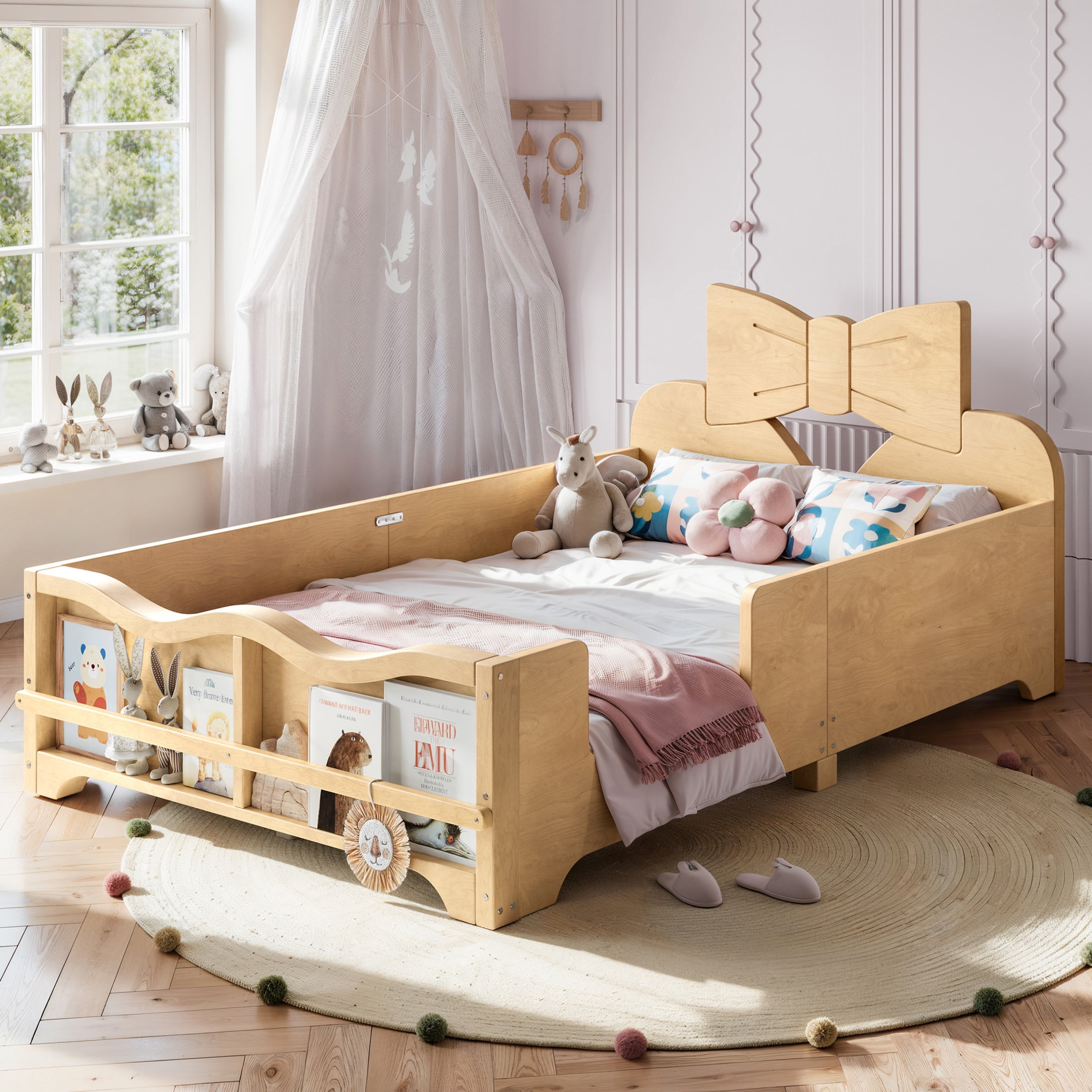 GDF Studio Twin Size Kids Platform Bed with Bowknot Headboard, Guardrails & Bookshelf, Natural