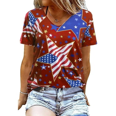 MOUSYA American Flag Shirt Women Patriotic Shirts 4th of July V Neck Tees USA Stars Stripes Blouses Red White and Blue Shirts