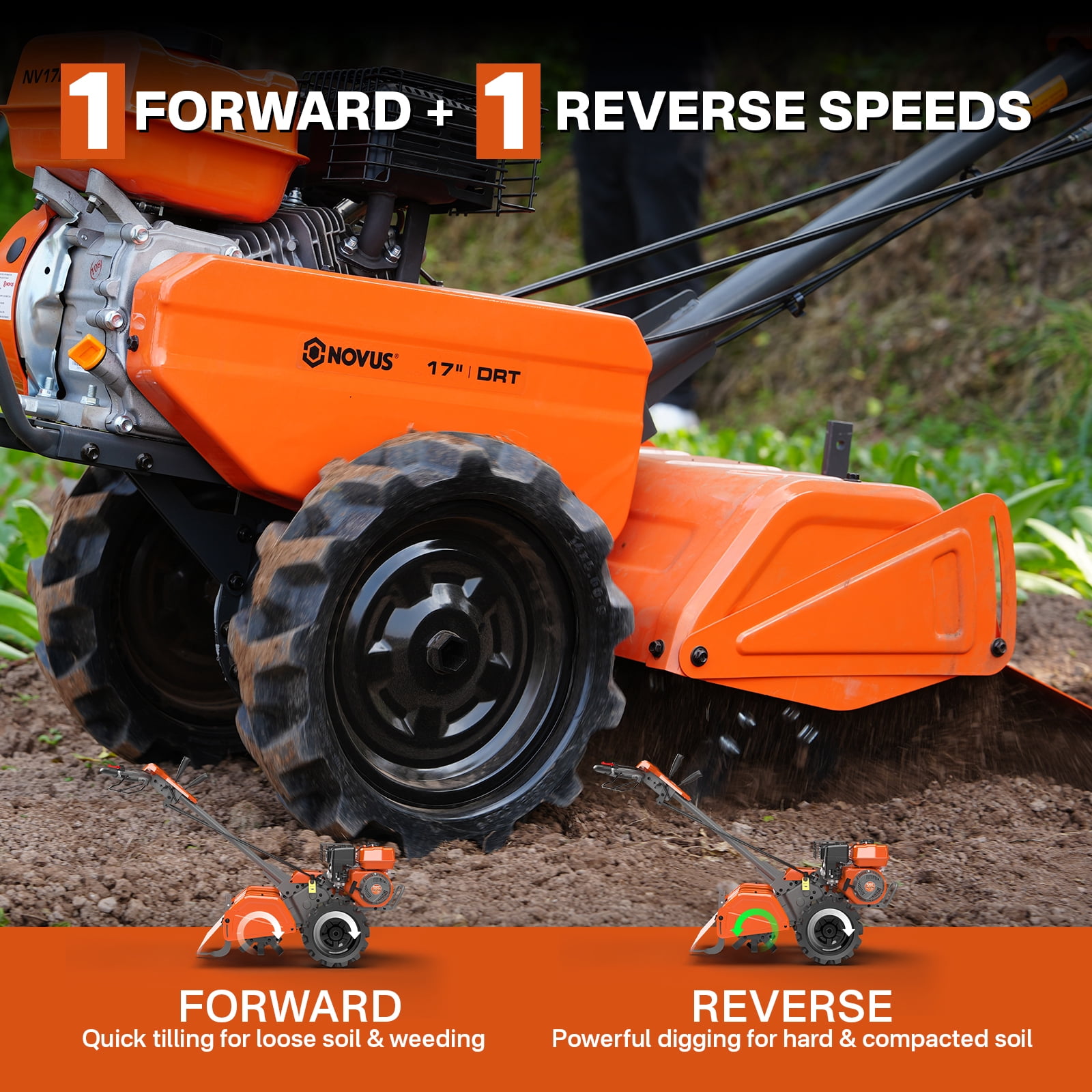 NOVUS 17 Inch Dual Direction Rear Tine Tiller, 212CC 4 Cycle Gas Engine, Independent Control Panel , Instant Reverse Power Tiller with 14” Tires, Gas Tiller for Gardening