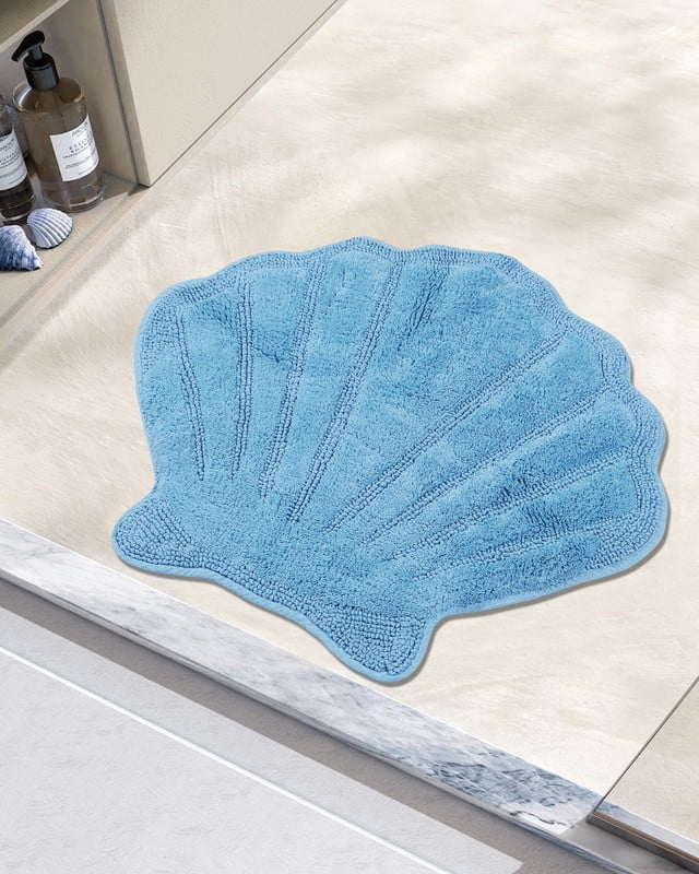 Better Trends Seashell Bath Rug 100% Cotton Cute Beach Theme Bathroom Mat, Soft & Absorbent, Reversible, Washable Mat, Blue Sea Decor for Kids & Home