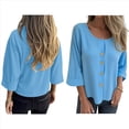 thumbnail image 3 of Blusas de para Mujer, Cuello en V, Mangas 3/4, Abotonadas, Sueltas, Informales, Lisas, Tipo Túnica. Azul 4XL, 3 of 6