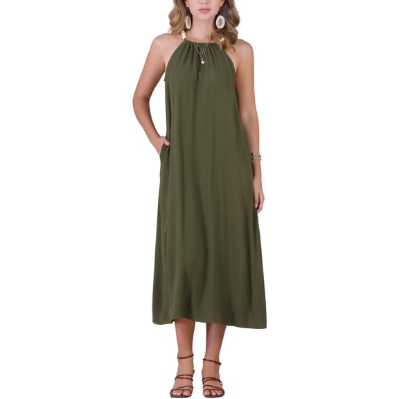 DARING DIVA Halter Neck Belted Casual Summer Midi Dress XS Army Green