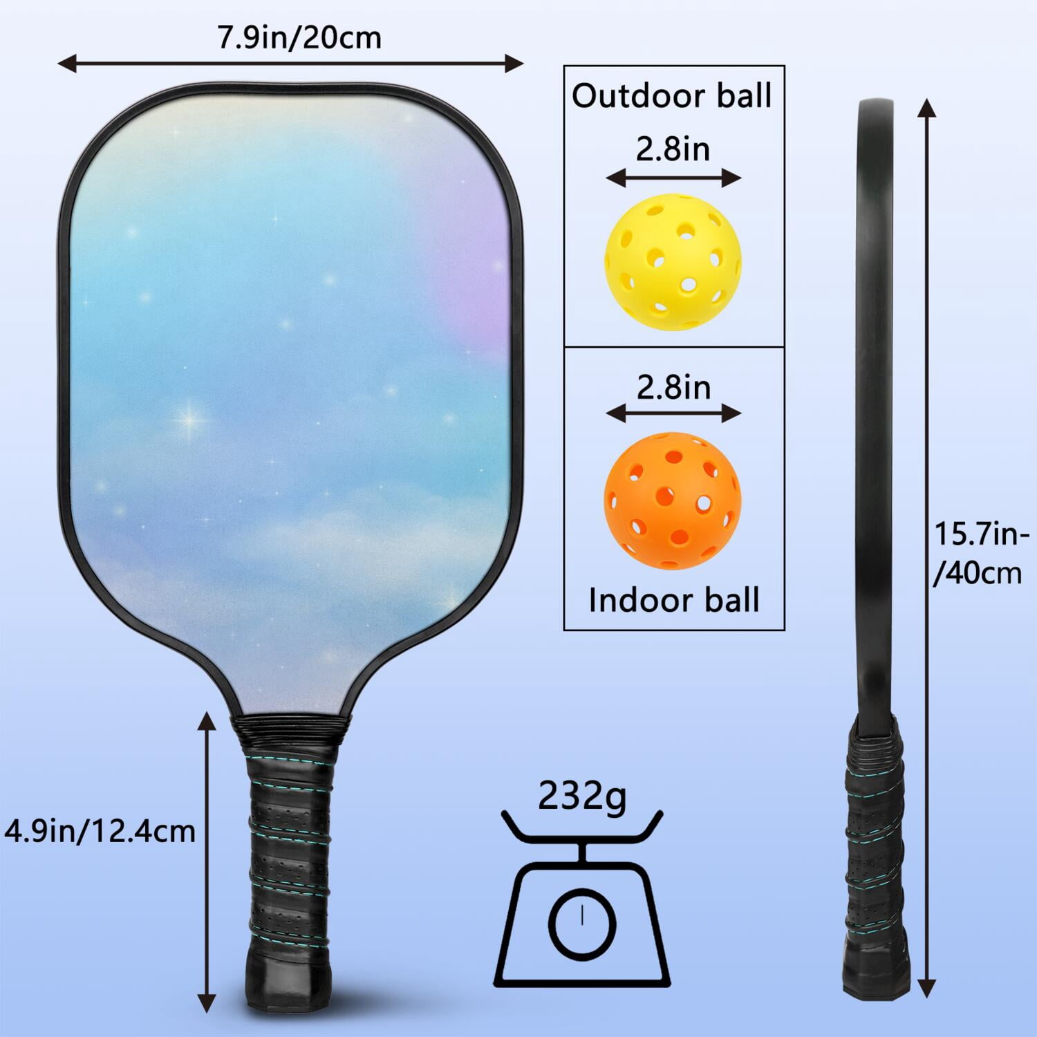 Pickleball Paddles Set Of 1, Fiberglass Surface, Dreamy Cloud Print, 1 Paddle, 2 Balls & Bag