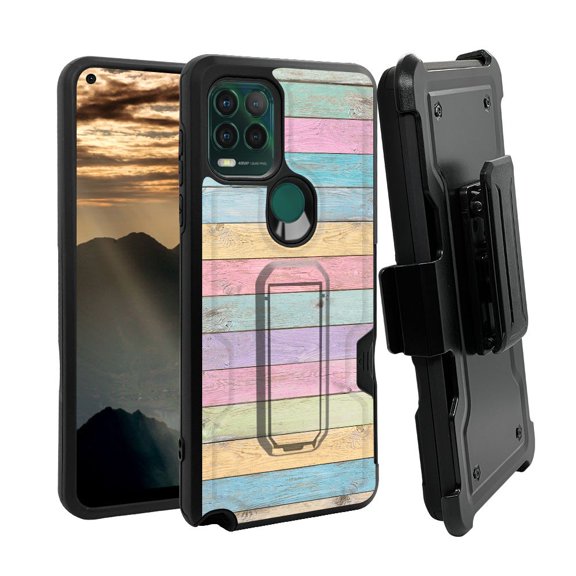 ANJ  Rugged Shockproof Holster Case w/Card Slot, Kickstand   Tempered Glass for Motorola Moto G Stylus 5G - Pastel Planks