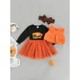 thumbnail image 2 of Qiylii 3 Pieces Baby Halloween Outfits Set, Pumpkin Letter Dots Print O-Neck Long Sleeve Dress+ Solid color Waistcoat+ Headband, 0-3 Years, 2 of 9