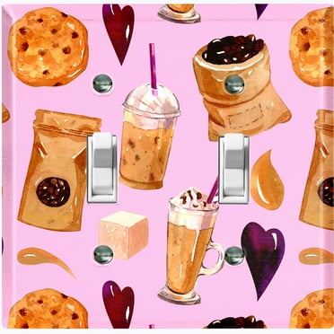 Metal Light Switch Wall Plate Outlet Cover (Coffee Mocha Espresso Grounds Cookie Sugar Treats Love Caramel Shake Pink - Double Toggle)