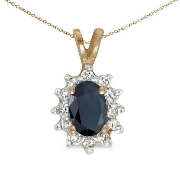 14k Yellow Gold Oval Sapphire And Diamond Pendant with 18" Chain