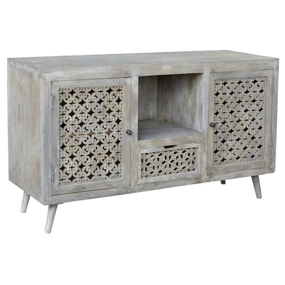 Pemberly Row Solid Wood 2 Door 1 Drawer Hand-Carved Media Console in Natural