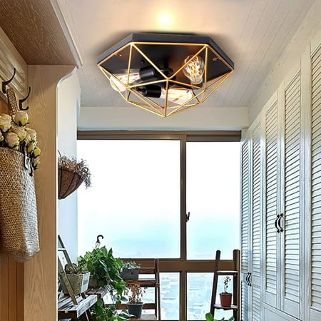 

Aohuada Industrial Vintage Ceiling Fixtures 15 inch Metal Cage Hexagon Flush Mount Ceiling Light Fixture with 3 E26 Bulb Base for Master Bedroom Living Room Hallway Farmhouse Lighting