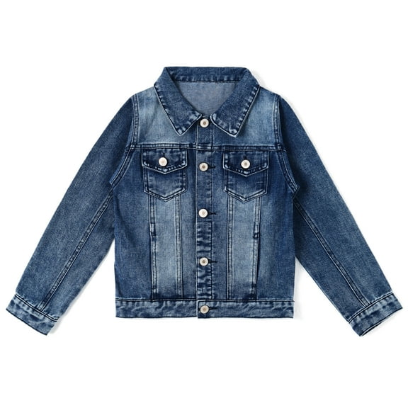 KIDSCOOL SPACE Little Kid Simple Jean Jacket, Stone Washed Soft Denim Coat Outfit,Deep Blue,3-4 Years