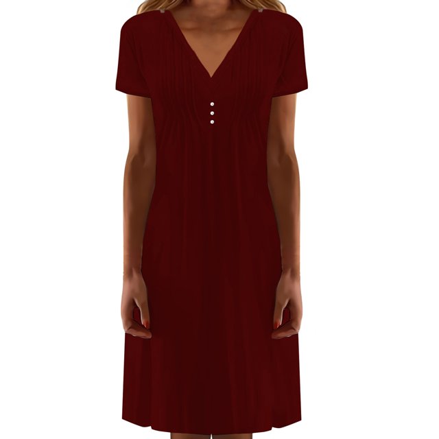 WILLBEST Robe Courte Femme Col en V Décontractée Plissée Boutonnée Couleur Unie Manches Courtes