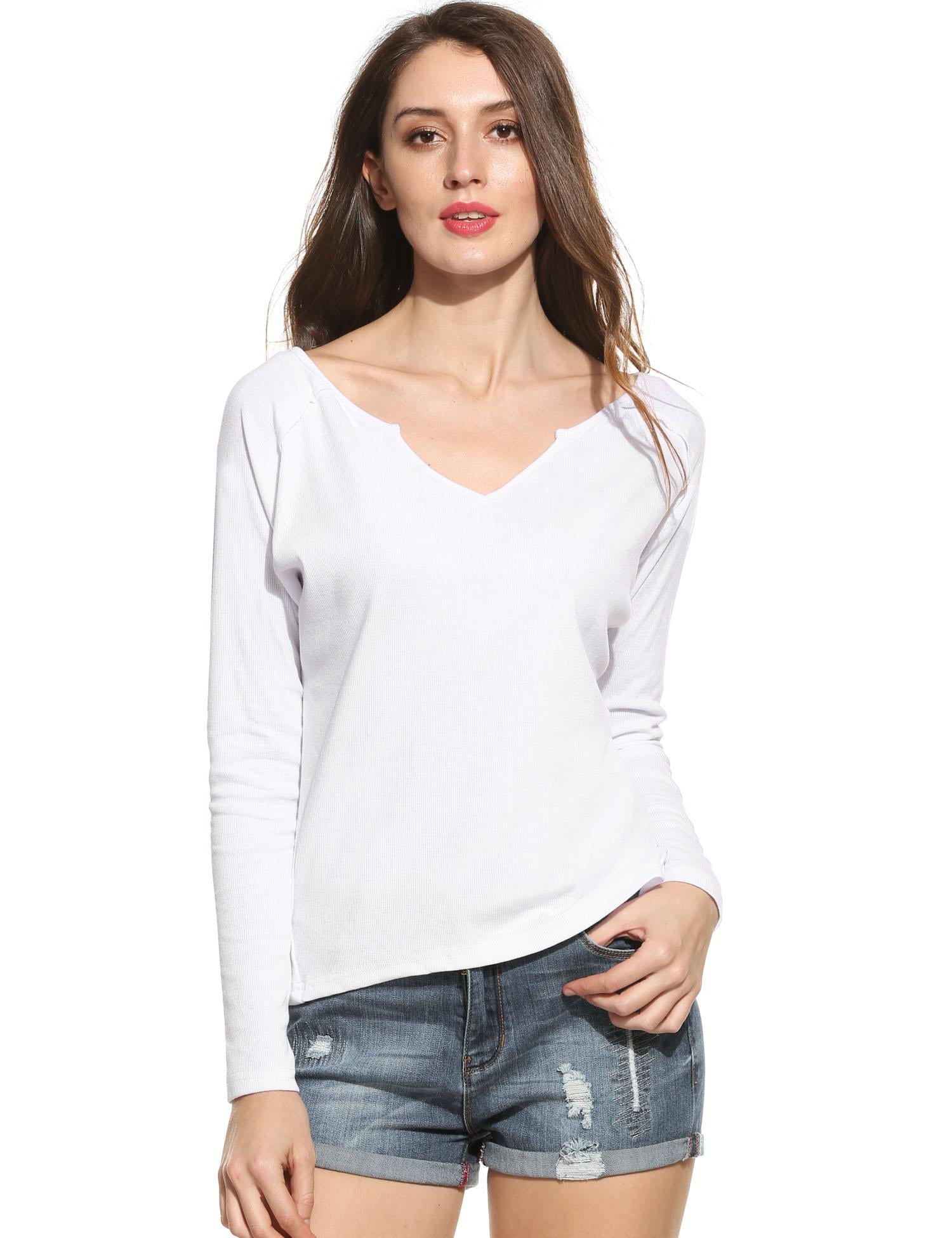 Women Casual Long Sleeve V Neck Solid Loose Back Slit Pullover TShirt