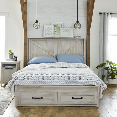 Rustic White Modern Farmhouse Queen Platform Bed Frame with Storage