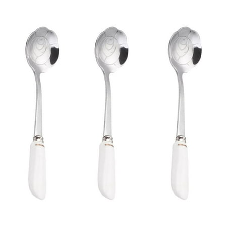 

NUOLUX 3 Pcs Stainless Steel Spoons Ceramic Handle Cake Spoon Petal Shaped Heads Stirring Coffee Spoons for Honey Milk Tea Cocktail Dessert - Rose(White Silver)