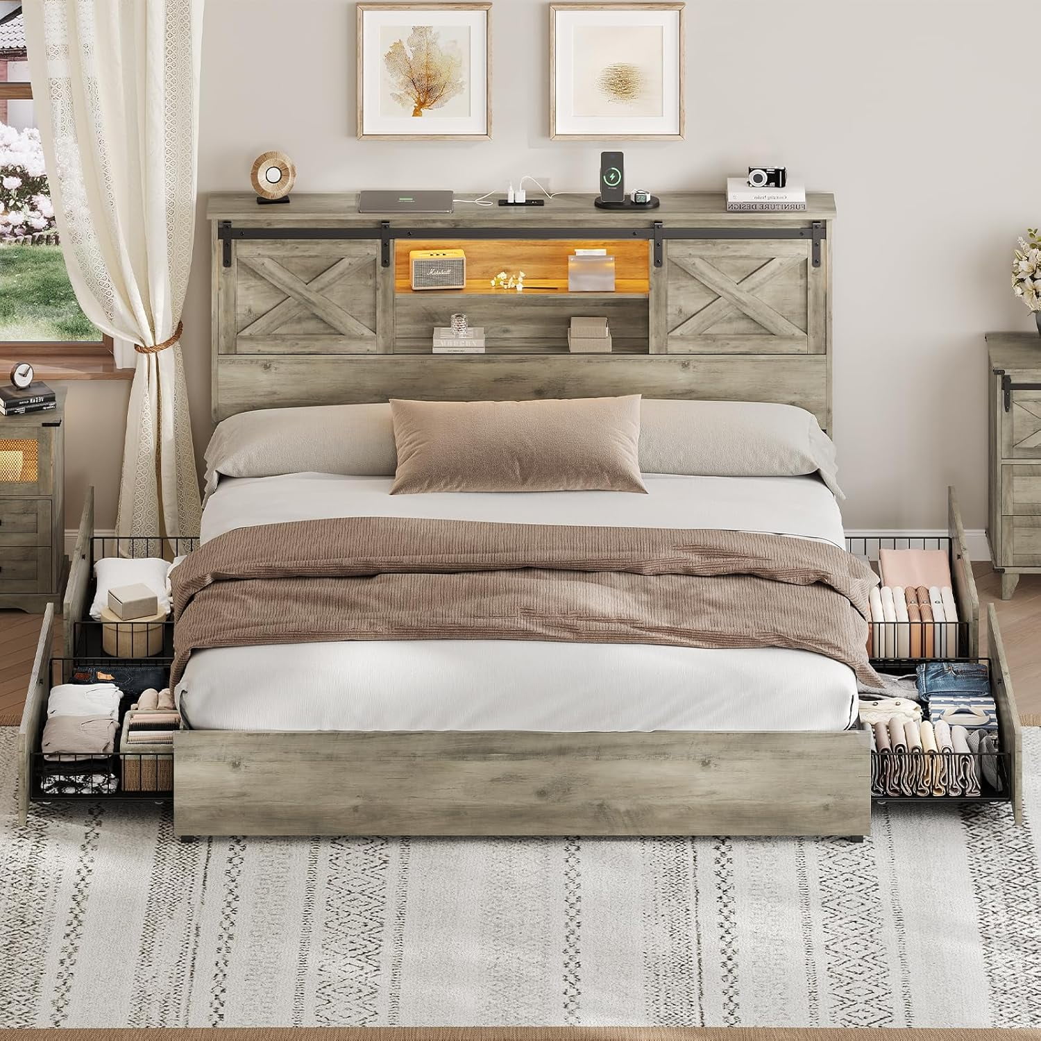 Farmhouse California King Size Bed Frame with Charging Station & LED Lights,Wooden Platform Cal King Beds with 4 Storage Drawers,Storage Headboard and Sliding Barn Door,Gray