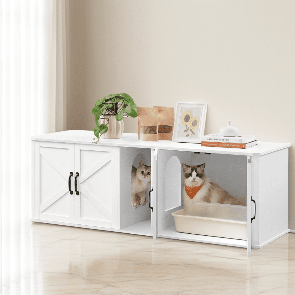 LEDREM Double Cat Litter Box Enclosure for 2 Cats, Hidden Litter Box Furniture with Front Entry, Side End Table & TV Stand, 59 x 19.5 x 20 Inches, Cloud White