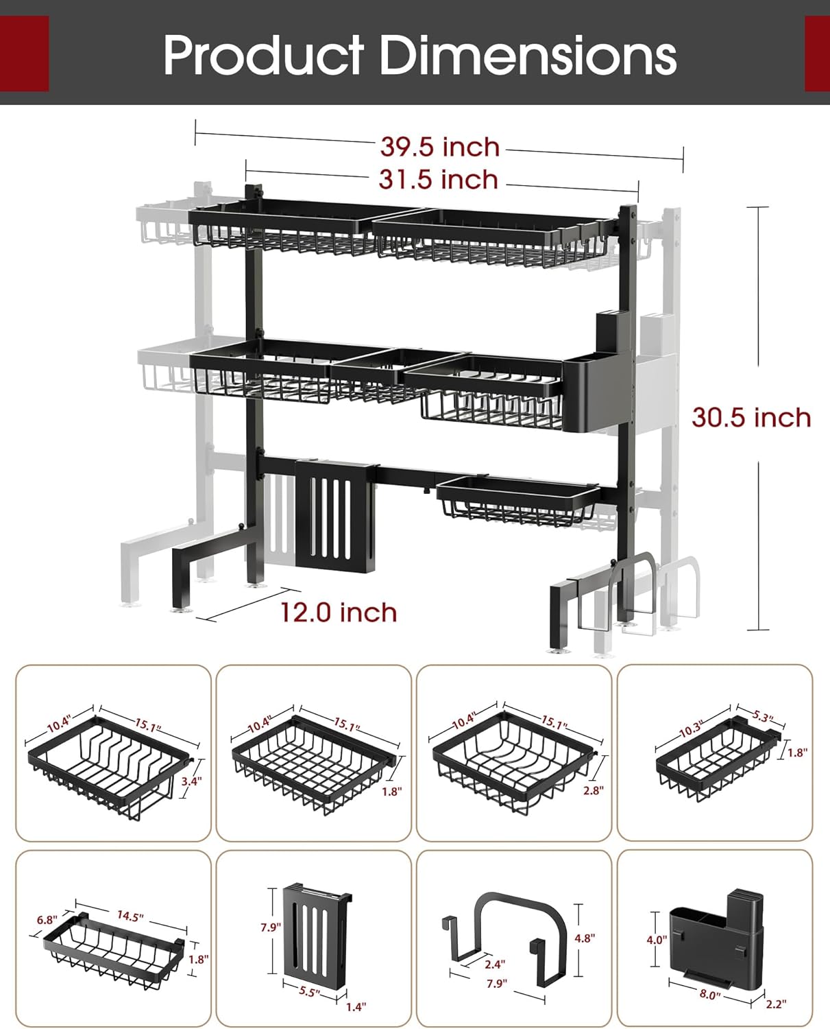 Over The Sink Dish Drying Rack - Adjustable 2 Tier X-Large Capacity Stainless Steel Drainer with Cutlery & Utensil Holders, Kitchen Storage & Organization