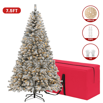 VAVSEA 7.5ft Pre Lit Snow Flocked Christmas Tree with Storage Bag, Fence, Tree Skirt, Hinged Artificial Xmas Tree with 350 Warm White Lights, 1200 Tips for Holiday Home Office Decoration