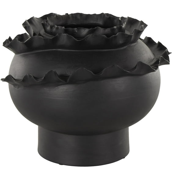 DecMode 9" Abstract Wide Rounded Floral Inspired Black Ceramic Vase with Layered Petals