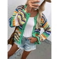 thumbnail image 4 of Women'S Multicolored Striped Crochet Knit Cardigan Crew Neck Flared Sleeve Button Y2K Sweater Coat Green S, 4 of 10