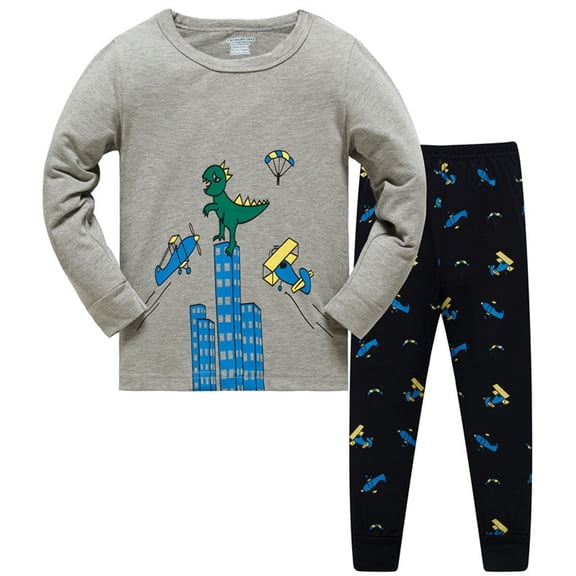 QUOTAY Boys Pajamas Children‘s Long Sleeve Cartoon Print Casual Loose Pajamas and Pants Set for Boys and Girls Grey,3-4 Years