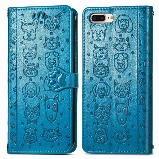 Funda Cartera FOXDOCK para iPhone 8 Plus/7 Plus , Flip PU con Relieve de Gatos y Perros, Tarjetero y Soporte