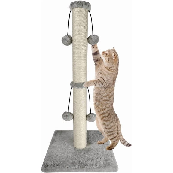 29'' Cat Scratching Post, Natural Sisal Rope Scratcher Post, Kitten Claw Scratch with 4 DanglingToy Balls for Large Cats (Grey)