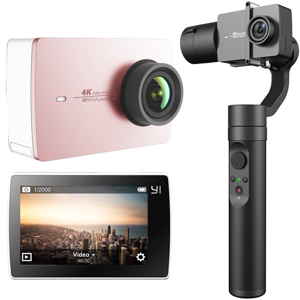 Yi 4k Action And Sports Camera 4k 30fps Video 12mp Raw Image With Eis Live Stream Voice Control Rose Gold Pink Content Creator Bundle With Yi Action 3 Axis Gimbal Stabilizer