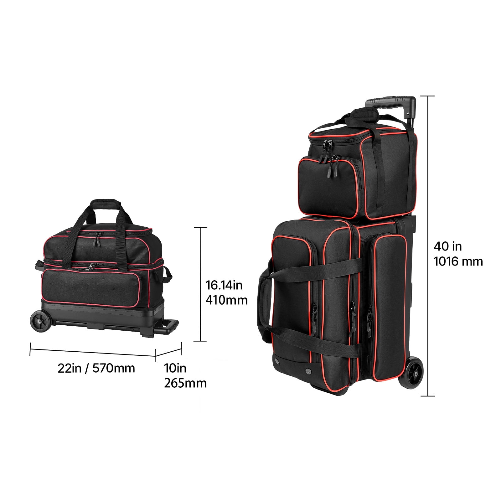 KFFKFF 3-Ball Bowling Bag with Wheels, Shoe Compartment for Sizes Up to US Men 16, Rolling Bag with Accessory Pocket and 40-Inch Retractable Handle