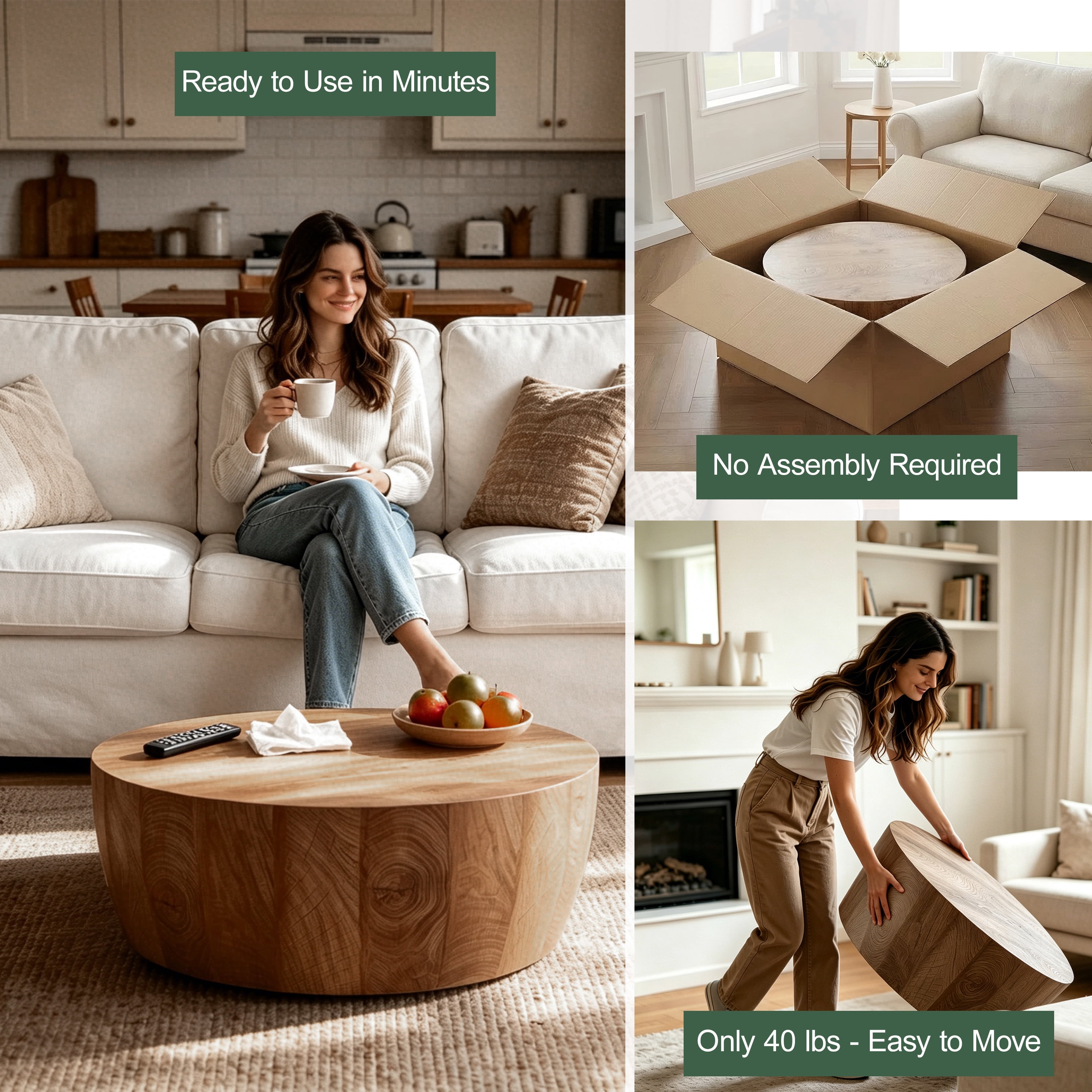 CasaGlajore Round Drum Coffee Table In Natural Finish, Round Coffee Table Made Of High-Quality MDF, Fully Assembled Living Room Table