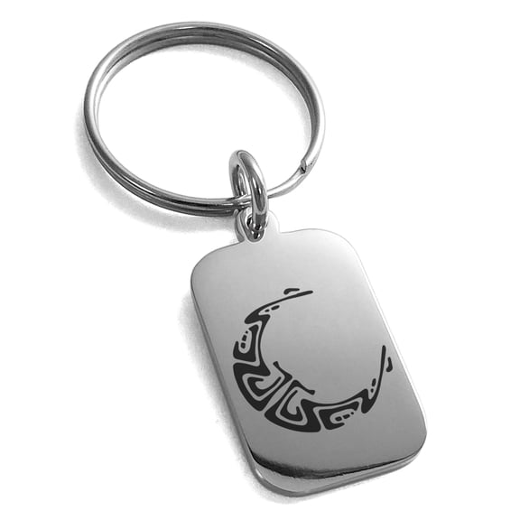 Stainless Steel Mayan Crescent Moon Rune Engraved Small Rectangle Dog Tag Charm Keychain Keyring