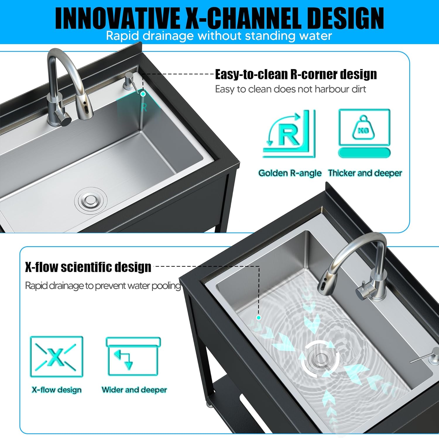 Stainless Steel Utility Sink, 30.8" × 22" × 39.5"Freestanding Sink with Cold and Hot Water Faucet,Hoses and Drain Kit for Kitchens, Bathrooms, Garage, Laundry Room