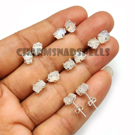 Rainbow Moonstone Natural Raw Stud Earring, June Birthstone Rough Earring Pair, 925 Silver Prong Setting Jewelry, Gemstone Earring