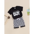 thumbnail image 4 of vera natura Toddler Boys Summer Outfits Letter Print Short Sleeve T-Shirt and Checkerboard Shorts Clothes Set, 4 of 8