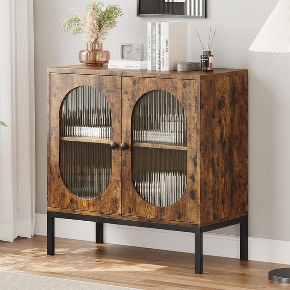 Brown Buffet Cabinet, Rattan Storage Cabinet with Doors and Shelves, Accent Cabinet Sideboard, Wood Console Cabinet with Storage Entryway Cabinet for Living Room, Dining Room