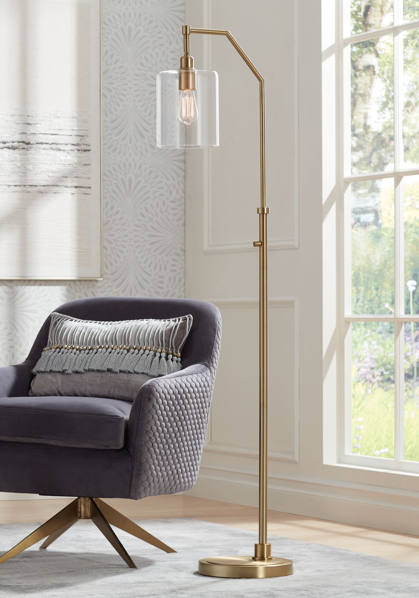 Possini Euro Design Possini Euro Kipling Warm Gold Downbridge Arc Floor Lamp with Clear Glass