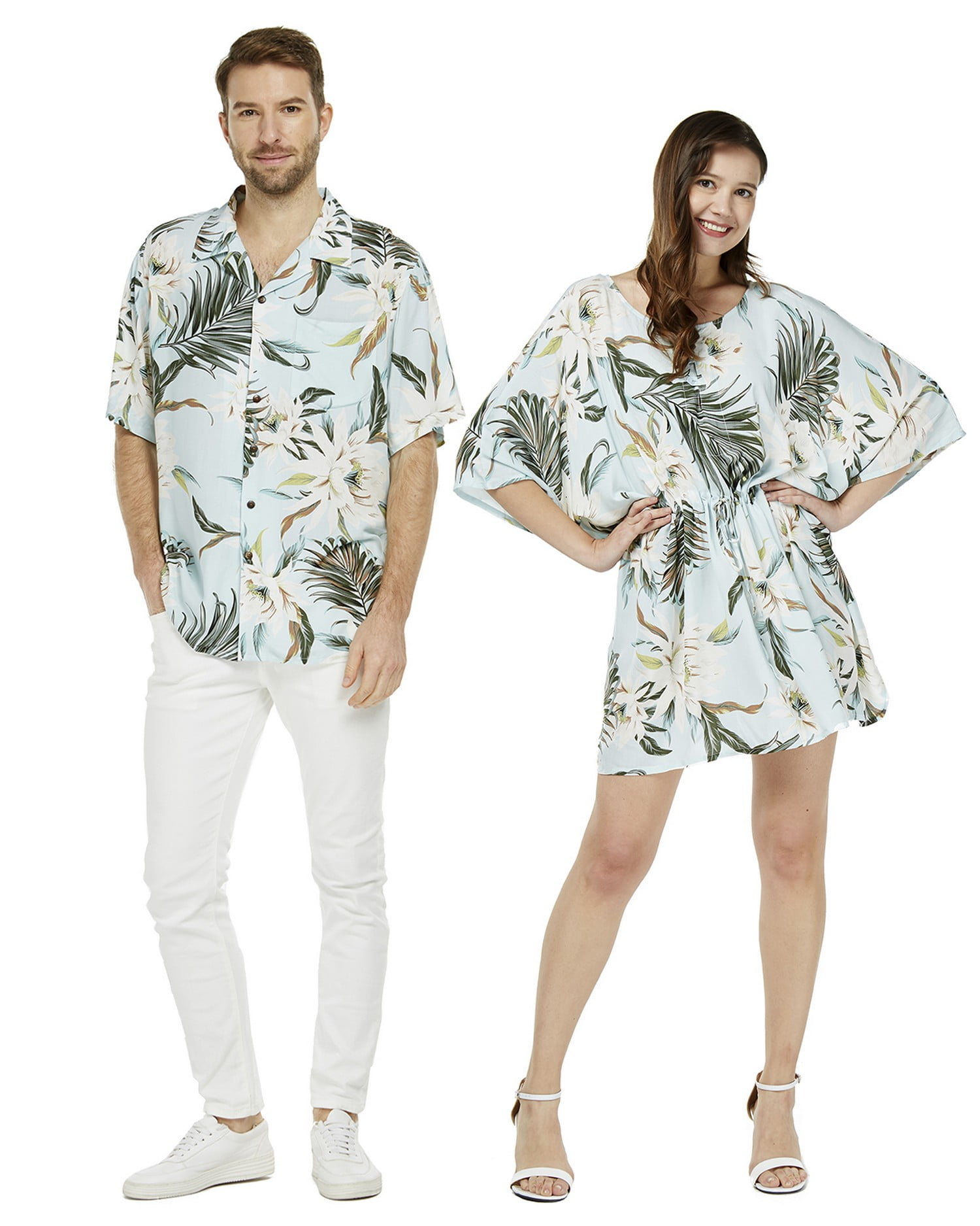 Hawaii Hangover - Couple Matching Hawaiian Luau Aloha Shirt Poncho Dress in Neon Sunset 