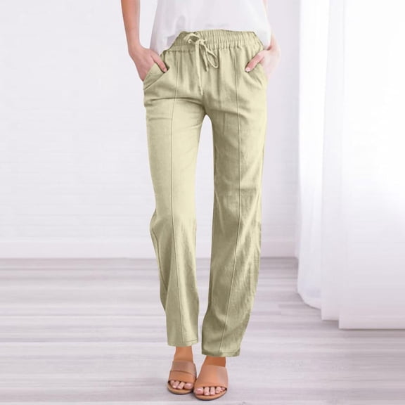 JUSLIO Linen Pants Women Casual Lace-up Linen Comfortable Straight Leg Pants Beige L
