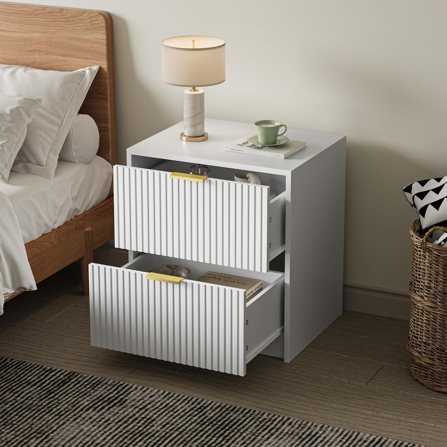 FURNIWAY Set of 2 Fluted Nightstand with 2 Drawers, Modern Storage Bedside Table with Golden Metal Handles, Wooden End Table for Bedroom, Living Room, White
