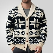 Men's Thickened Argyle Knit Sweater Coat Long Sleeve Lapel Collar V Neck Button Down Color Block Cardigan Outerwear Beige L
