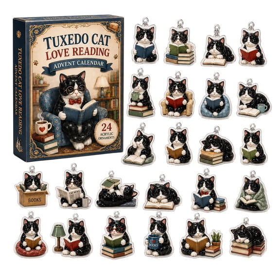 24 Days of Tuxedo Cat Love Reading Christmas Advent Calendar 2026, Xmas Countdown Calendar Blind Box, Surprise Each Day Christmas Gifts for Boys Girls, 2D Christmas Decorations for Tree