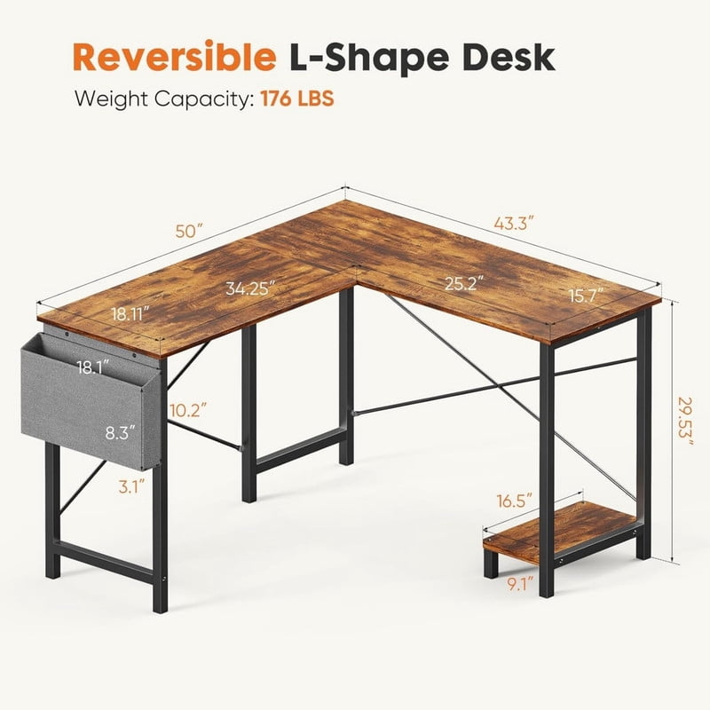 Kelno 50 Inch L Shaped Computer Desk Corner Desk with CPU Stand Side Storge Bag Study Writing Table, Rustic Brown