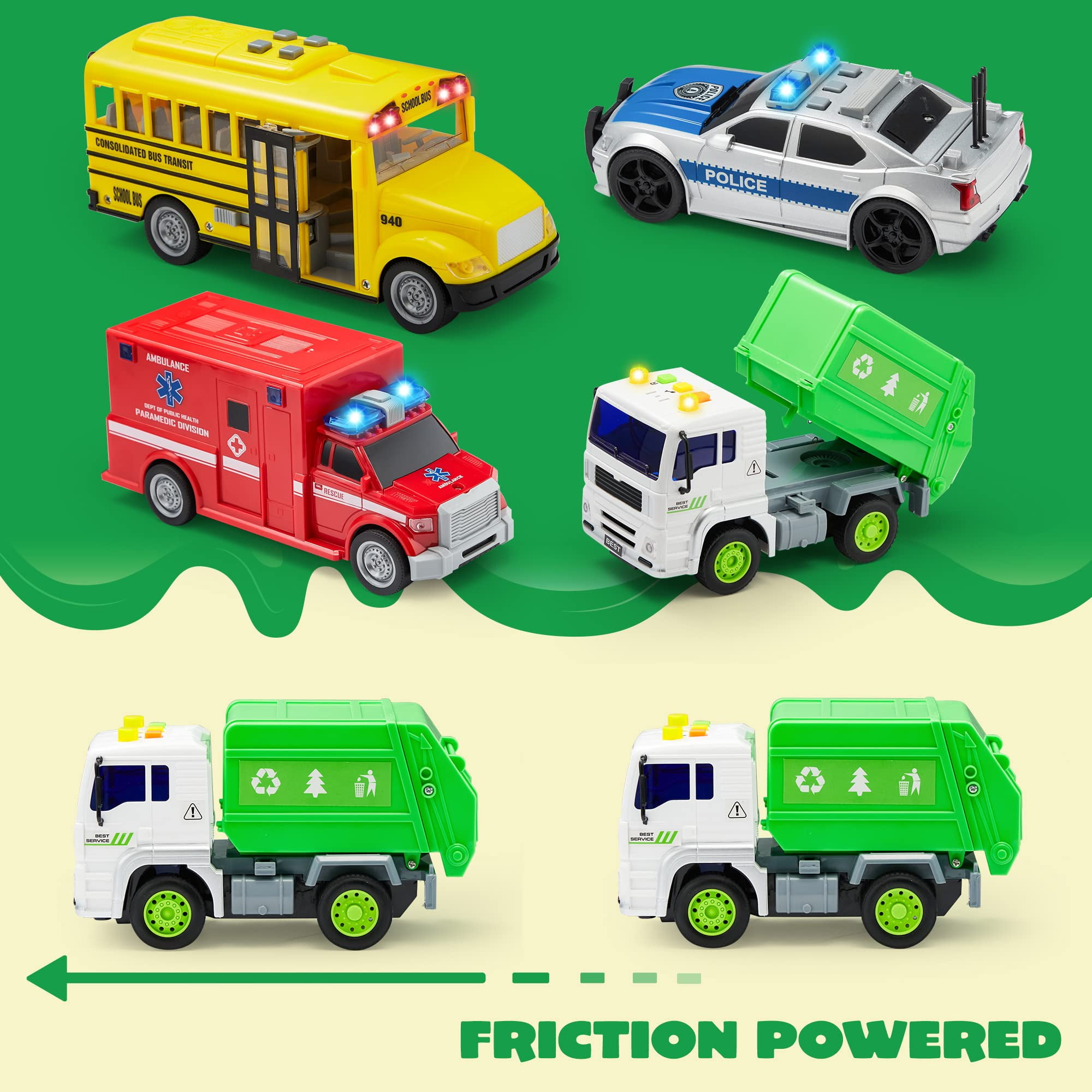 Joyfy 4 Pcs 7" Long Vehicle Toy Set, Toddler Car Toys Including Police Car, School Bus, Garbage Truck, Ambulance, Christmas Birthday Gifts Toys for Boys 2 3 4 5 6 Years Old